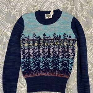 Navy Multicolor sparkly vintage tree sweater xs ARPEJA 70’s